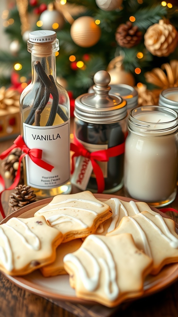 Vanilla Infused Christmas Gift Ideas Homemade vanilla gifts including extract, candles, and cookies on a festive table.